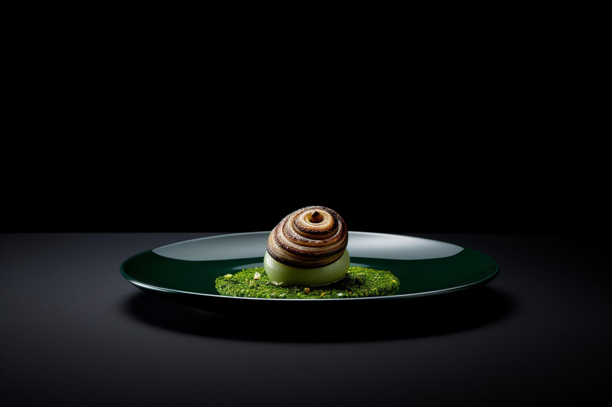 sleek plated dish with geometric garnish on dark table